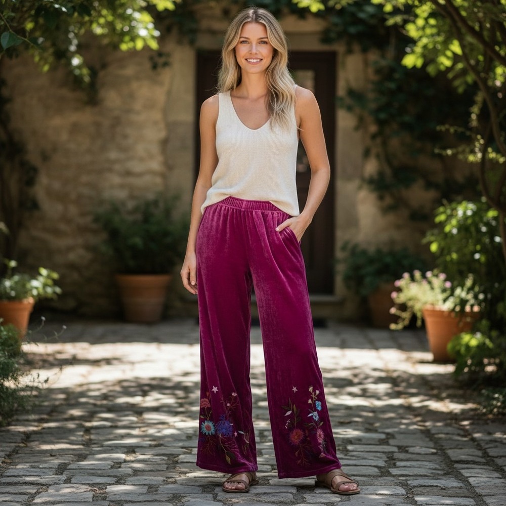 JW Los Angeles Magenta Silk Velvet Floral Embroidered Wide Leg Pants Med J64522